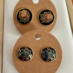 Vintage 2 Pairs Cloisonné Vintage Button Earrings
